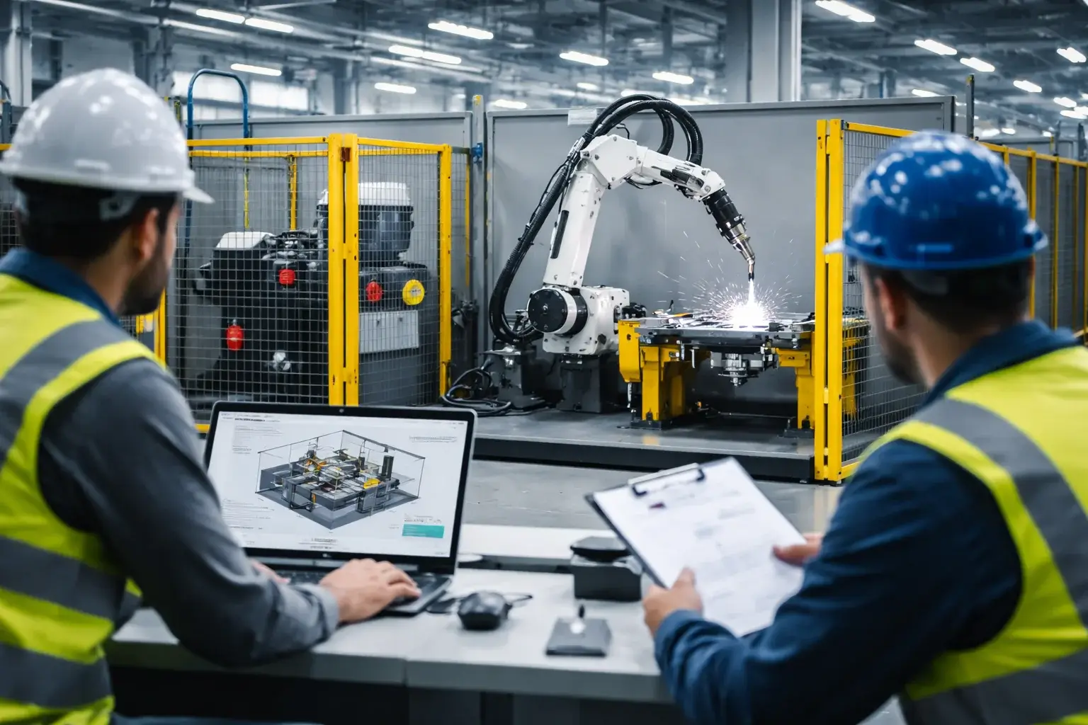 Cotiza una celda de robot soldador industrial con fuente de potencia avanzada y posicionadores para automatizar procesos de soldadura industrial con alta repetibilidad.