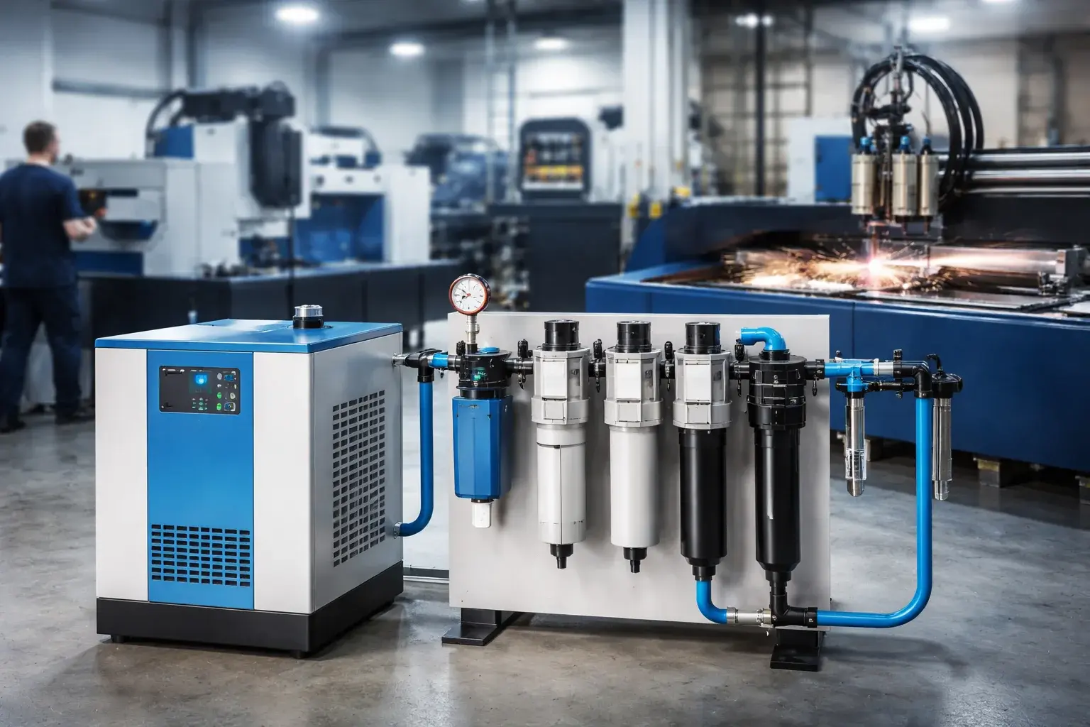 Optimiza tu planta con un secador de aire y “tren” de tratamiento industrial para eliminar la humedad y proteger la vida útil de tus máquinas CNC y láser.